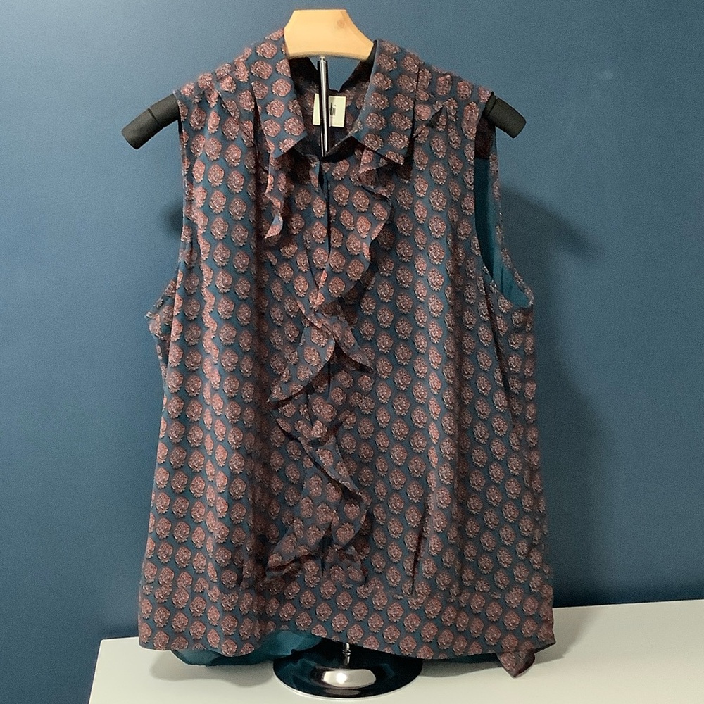 CAbi Navy Sleeveless Ruffle Front Top with Pink Print